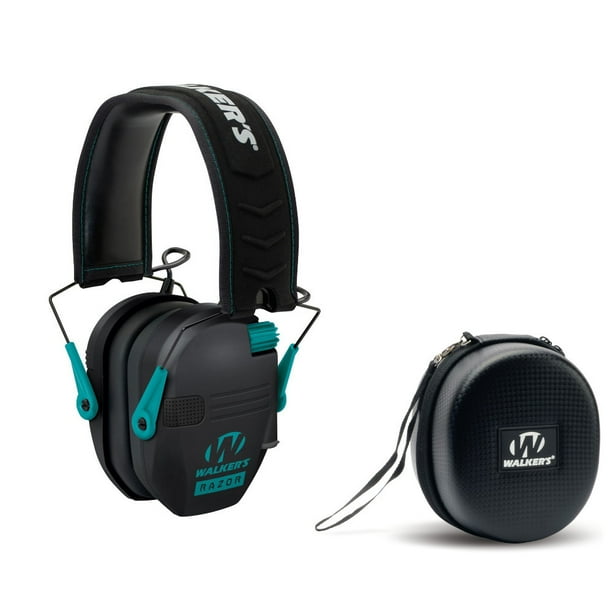 Walkers Razor Slim Electronic Muff Black and Teal with Hearing Protection Case
